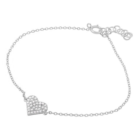 .925 Sterling Silver Rhodium Plated Cz Encrusted Hearts Bracelet