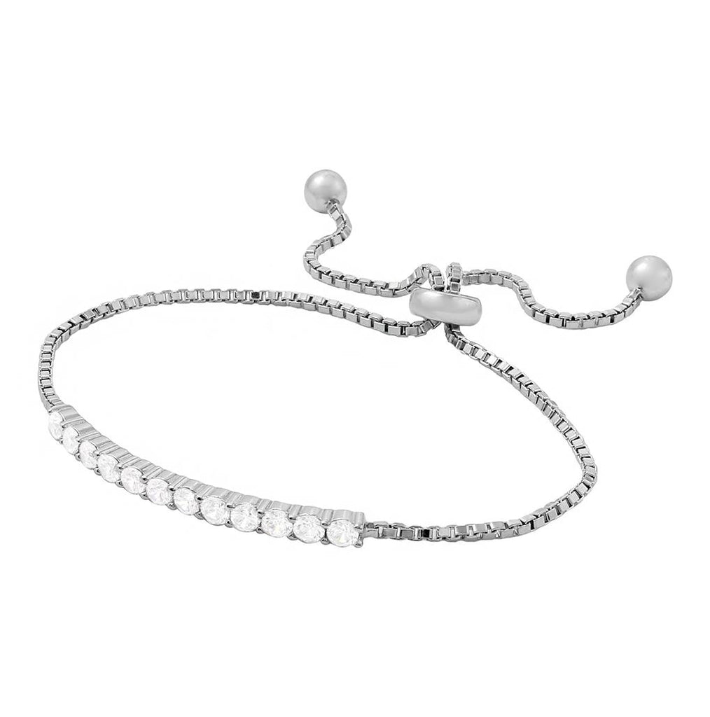 .925 Sterling Silver Rhodium Plated Box Chain With Cz Lariat Bracelet