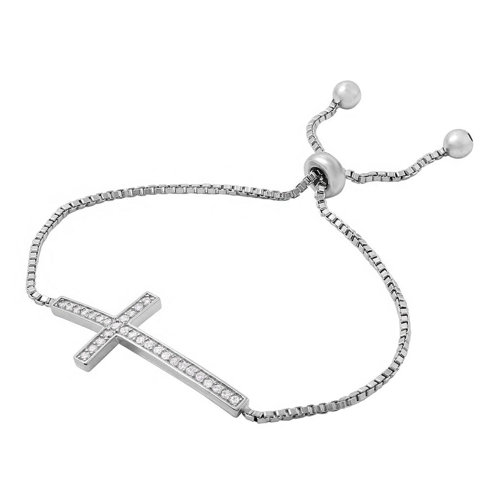 .925 Sterling Silver Rhodium Plated Cz Cross Box Chain Lariat Bracelet