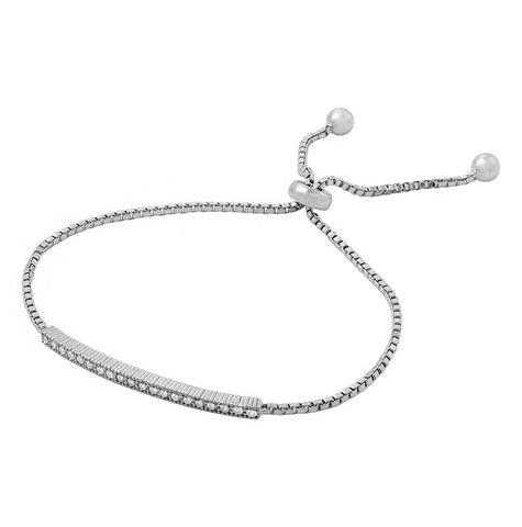 .925 Sterling Silver Rhodium Plated Box Chain With Cz Lariat Bracelet