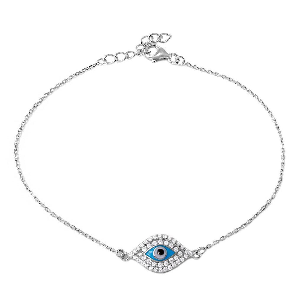 .925 Sterling Silver Rhodium Plated Cz Evil Eye Chain Bracelet