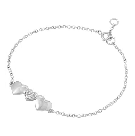 .925 Sterling Silver Rhodium Plated 3 Heart Cz Bracelet