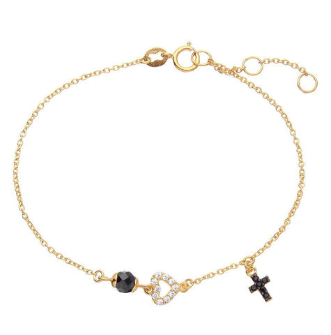 .925 Sterling Silver Gold Plated Bracelet With Cross, Open Heart And Black Cz Bead