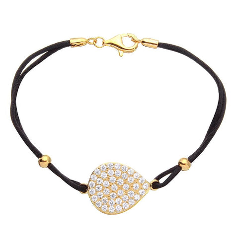 .925 Sterling Silver Gold Plated Cz Encrusted Disc On A Black Cord Bracelet