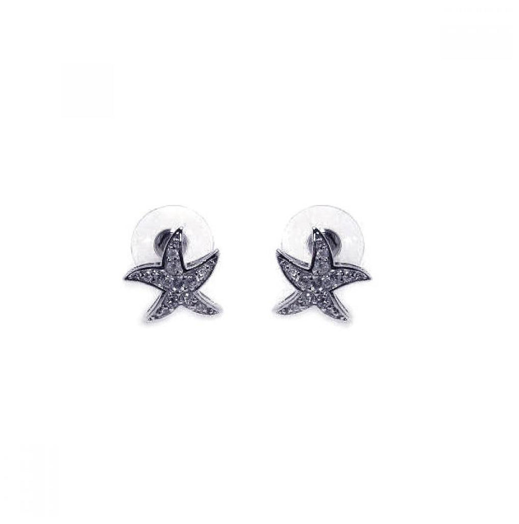 .925 Sterling Silver Rhodium Plated Clear Wavy Starfish Cz Stud Earring