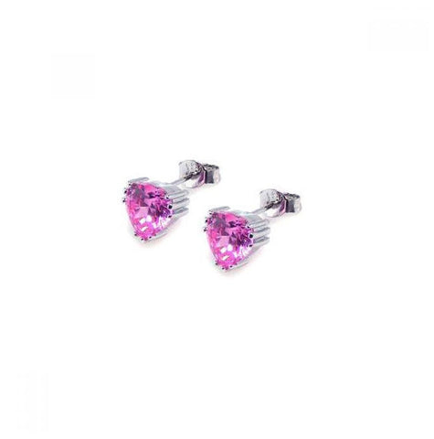 .925 Sterling Silver Rhodium Plated Pink Cz Stud Earring