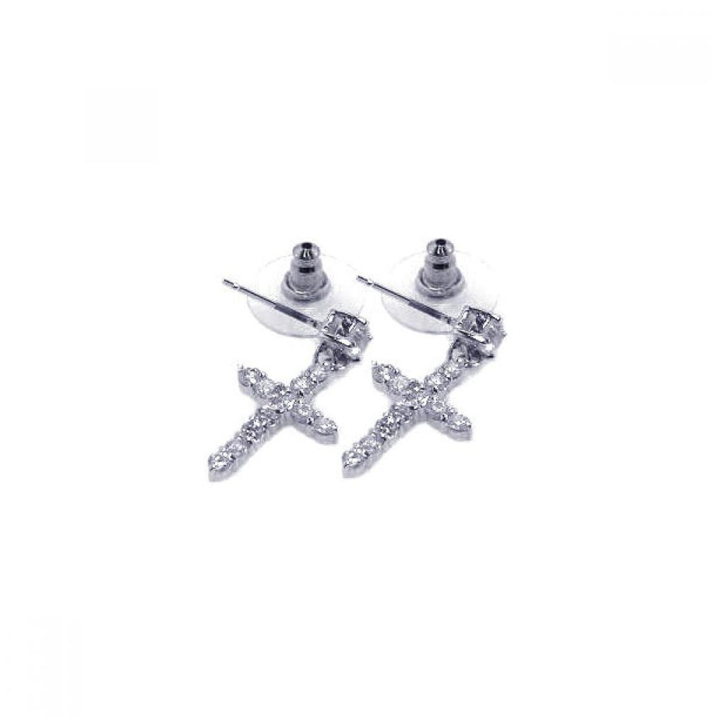 .925 Sterling Silver Rhodium Plated Clear Cross Cz Stud Earring