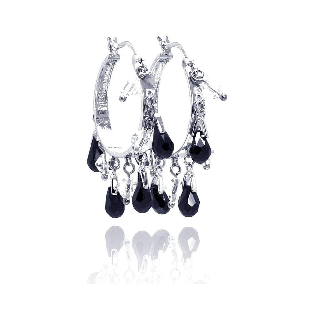 .925 Sterling Silver Rhodium Plated Clear Black Teardrop Chandelier Dangling Earring