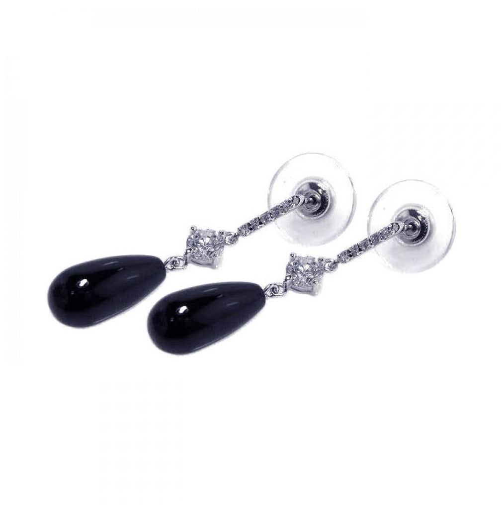 .925 Sterling Silver Rhodium Plated Teardrop Black & Clear Cz Dangling Stud Earring