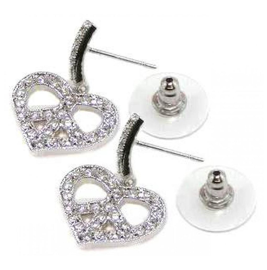 .925 Sterling Silver Rhodium Plated Clear Cz Open Peace Heart Dangling Stud Earring