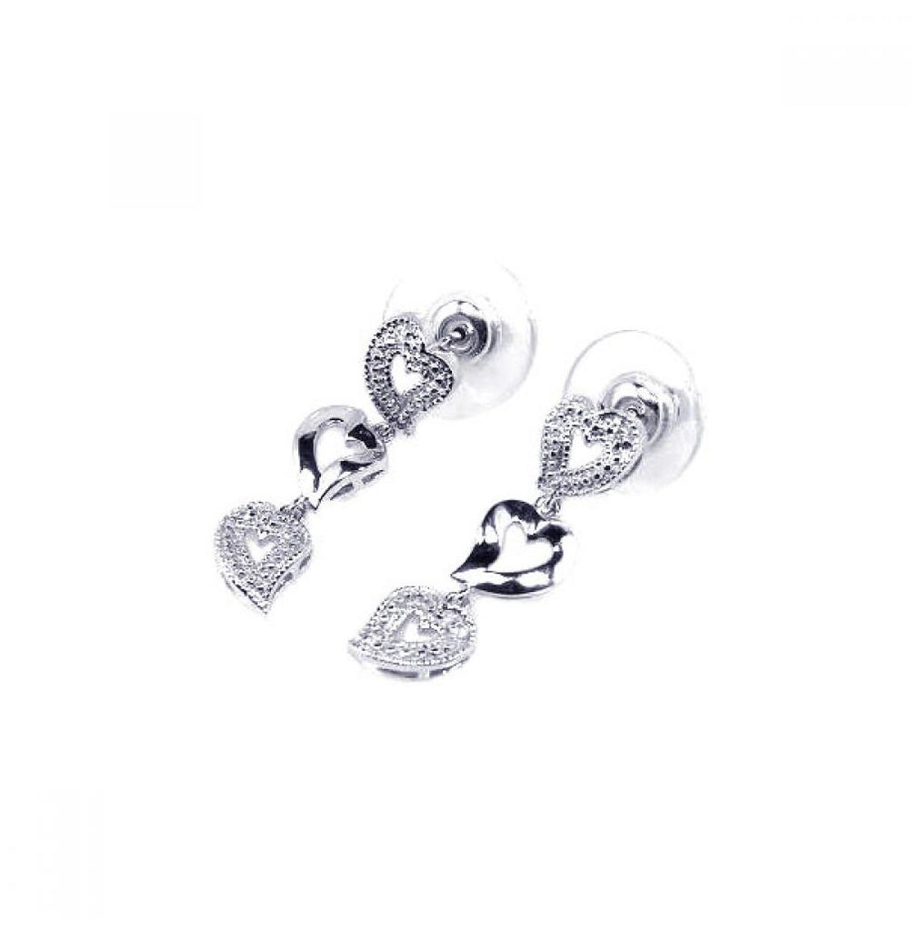 .925 Sterling Silver Rhodium Plated Clear Multiple Open Heart Cz Stud Dangling Earring