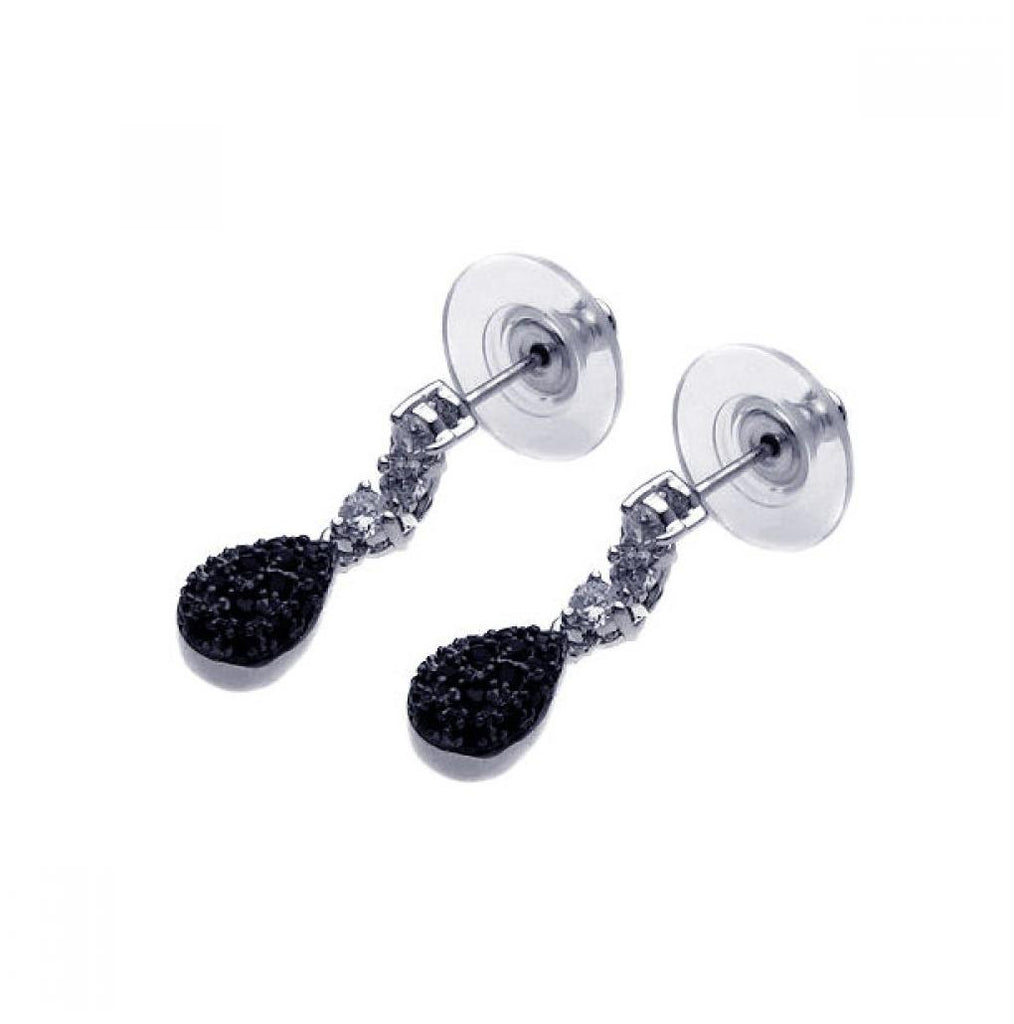 .925 Sterling Silver Rhodium Plated Black & Clear Teardrop Cz Dangling Stud Earring