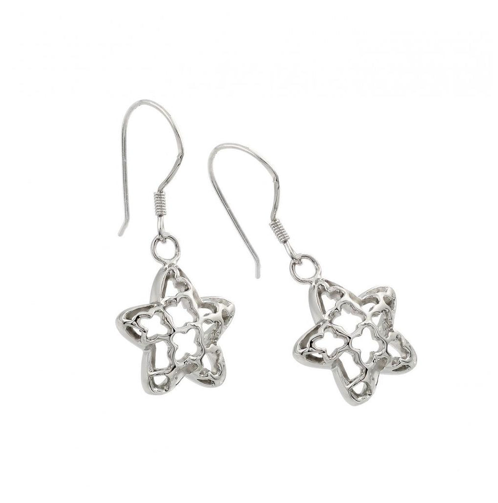 .925 Sterling Silver Rhodium Plated Open Star Dangling Hook Earring