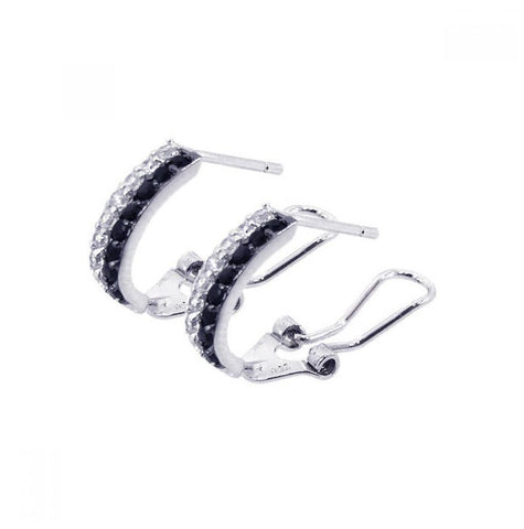 .925 Sterling Silver Rhodium Plated Black & Clear Crescent Cz Hoop Earring