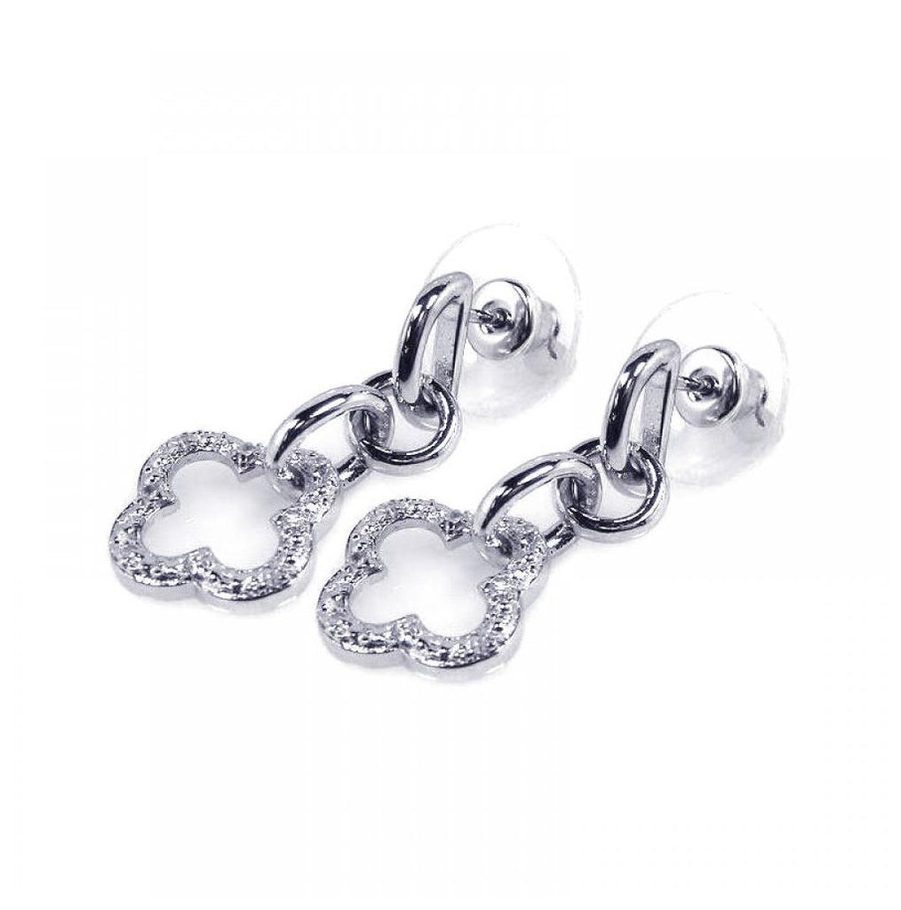 .925 Sterling Silver Rhodium Plated Clear Open Clover Cz Dangling Earring