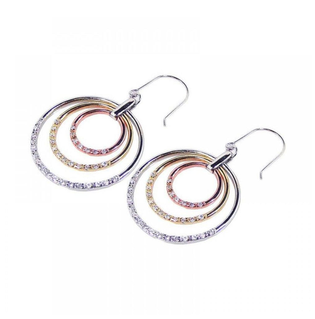 .925 Sterling Silver Gold & Silver Rhodium Plated Multiple Opne Circle Clear Cz Dangling Hook Earring