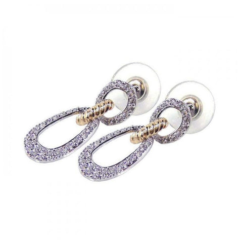 .925 Sterling Silver Gold & Silver Rhodium Plated Open Round Clear Cz Dangling Stud Earring