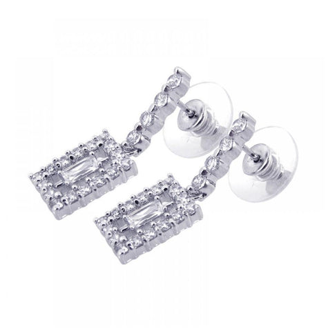 .925 Sterling Silver Rhodium Plated Rectangle Clear Cz Dangling Stud Earring