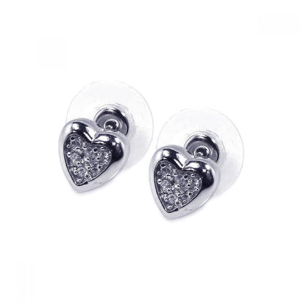 .925 Sterling Silver Rhodium Plated Clear Heart Inlay Cz Studearring