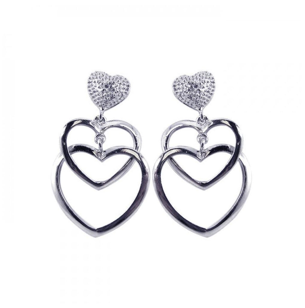 .925 Sterling Silver Rhodium Plated Clear Open Heart Cz Dangling Stud Earring