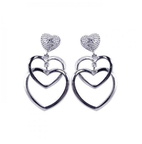 .925 Sterling Silver Rhodium Plated Clear Open Heart Cz Dangling Stud Earring