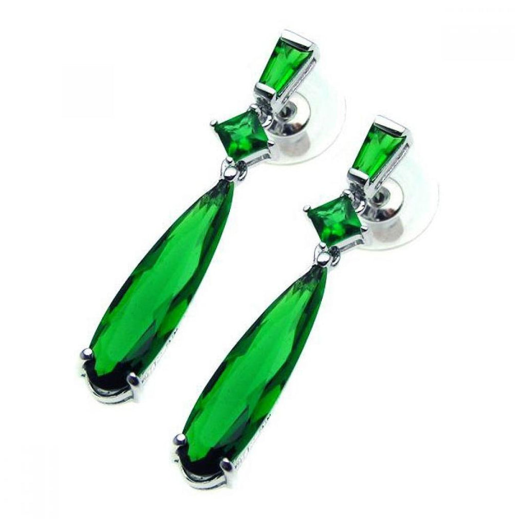 .925 Sterling Silver Rhodium Plated Multishape Marqui Green Cz Dangling Earring