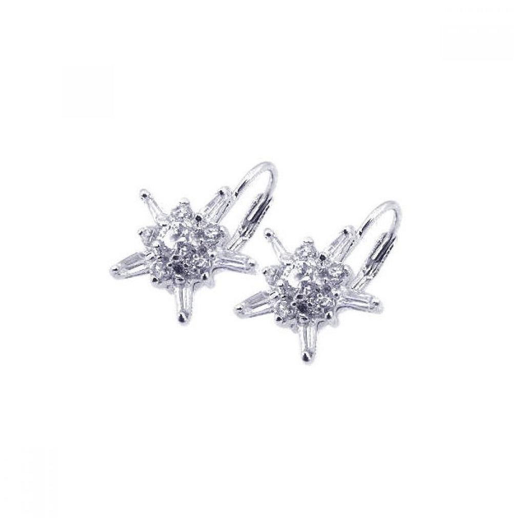 .925 Sterling Silver Rhodium Plated Star Clear Cz Hook Earring