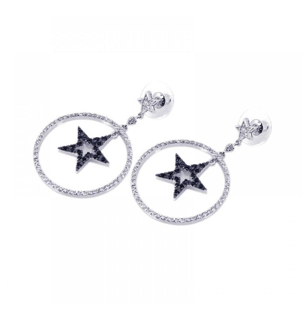 .925 Sterling Silver Black & Silver Rhodium Plated Open Circle Star Cz Dangling Earring