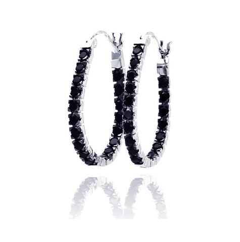 .925 Sterling Silver Black Rhodium Plated Cz Hoop Earring