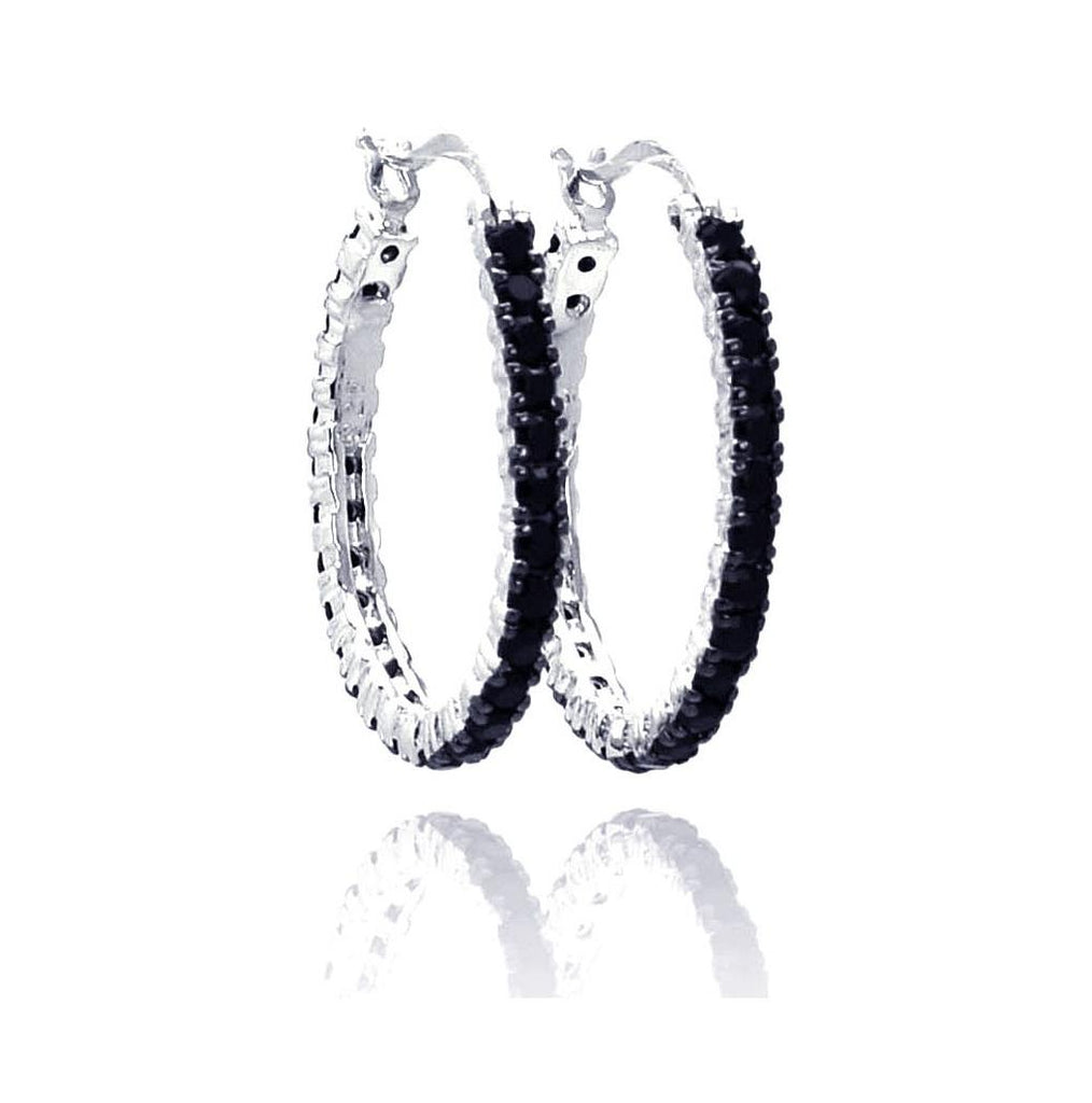 .925 Sterling Silver Black & Silver Rhodium Plated Cz Hoop Earring