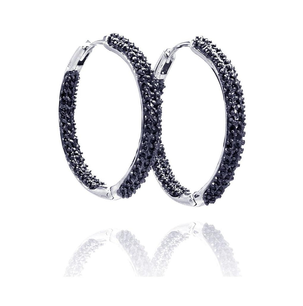 .925 Sterling Silver Black Rhodium Plated Cz Hoop Earring