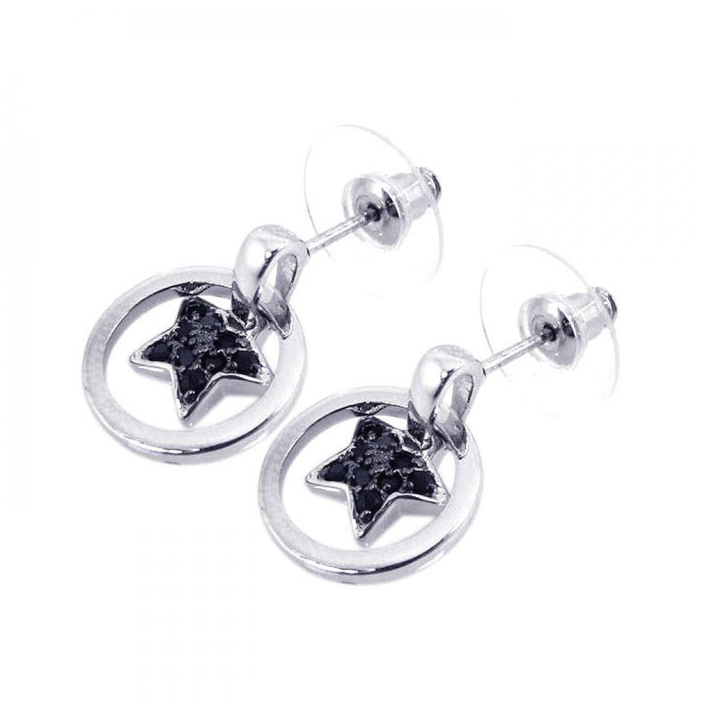 .925 Sterling Silver Black & Silver Rhodium Plated Open Circle Heart Cz Dangling Stud Earring