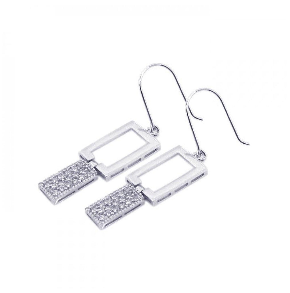 .925 Sterling Silver Rhodium Plated Open Rectangle Cz Dangling Hook Earring