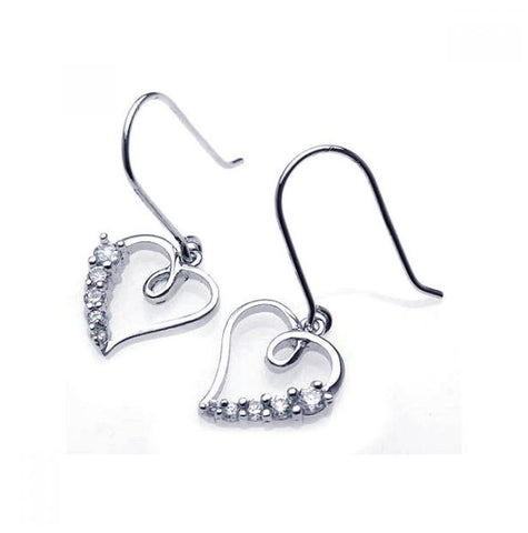 .925 Sterling Silver Rhodium Plated Open Heart Cz Dangling Hook Earring