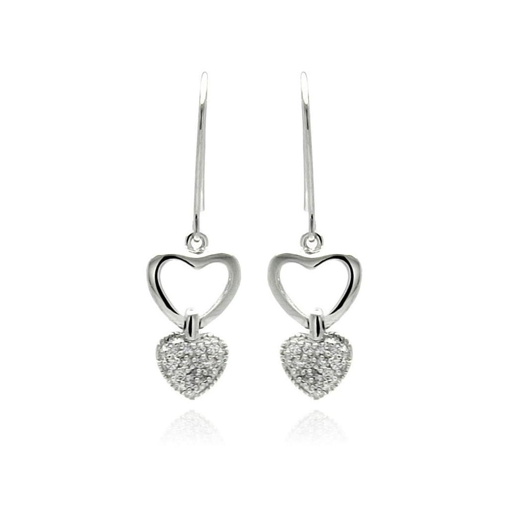 .925 Sterling Silver Rhodium Plated Open Heart Clear Cz Dangling Earring