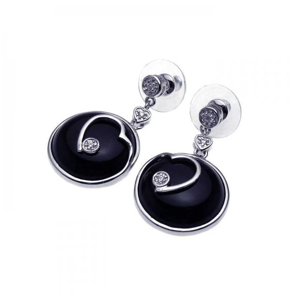 .925 Sterling Silver Rhodium Plated Heart Black Onyx Cz Dangling Earring