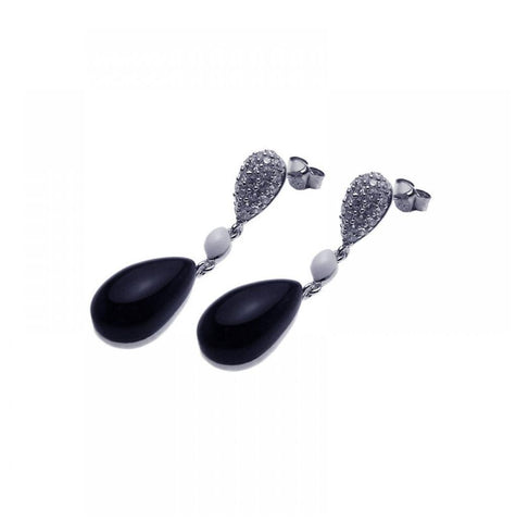 .925 Sterling Silver Rhodium Plated Round Cookie Monster Onyx Cz Dangling Hook Earring