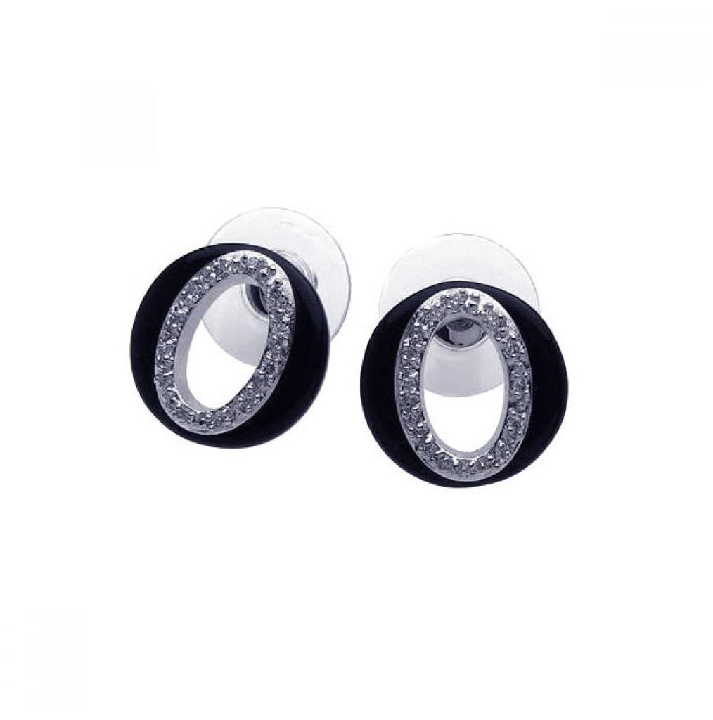 .925 Sterling Silver Rhodium Plated Letter O Cz Onyx Stud Earring