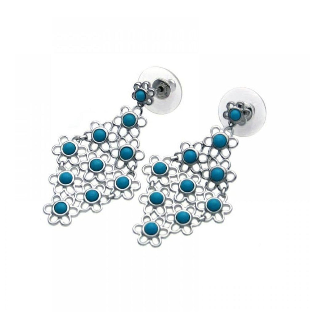 .925 Sterling Silver Rhodium Plated Turquoise Flower Chandelier Dangling Stud Earring