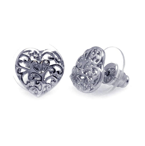 .925 Sterling Silver Rhodium Plated Open Heart Filigree Cz Earring