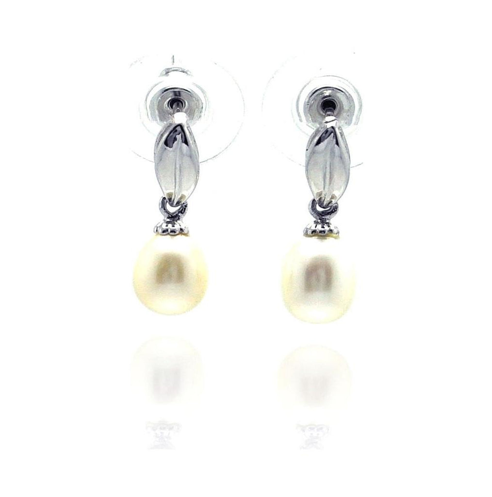 .925 Sterling Silver Rhodium Plated Leaf Marquise Fresh Water Pearl Dangling Stud Earring