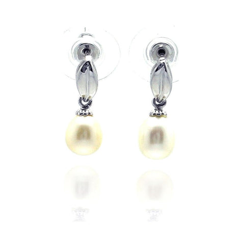 .925 Sterling Silver Rhodium Plated Leaf Marquise Fresh Water Pearl Dangling Stud Earring