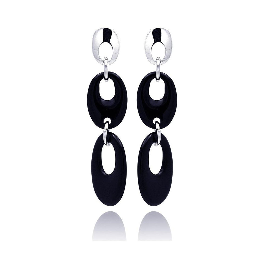 .925 Sterling Silver Rhodium Plated Black Open Oval Onyx Stud Dangling Earring