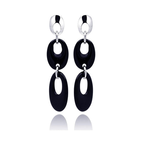 .925 Sterling Silver Rhodium Plated Black Open Oval Onyx Stud Dangling Earring