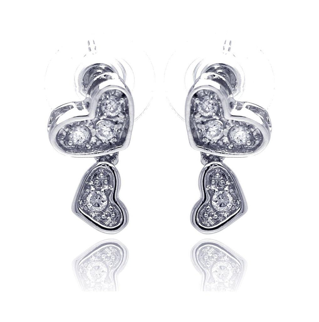 .925 Sterling Silver Rhodium Plated Heart Cz Inlay Dangling Stud Earring