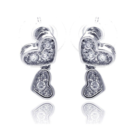 .925 Sterling Silver Rhodium Plated Heart Cz Inlay Dangling Stud Earring