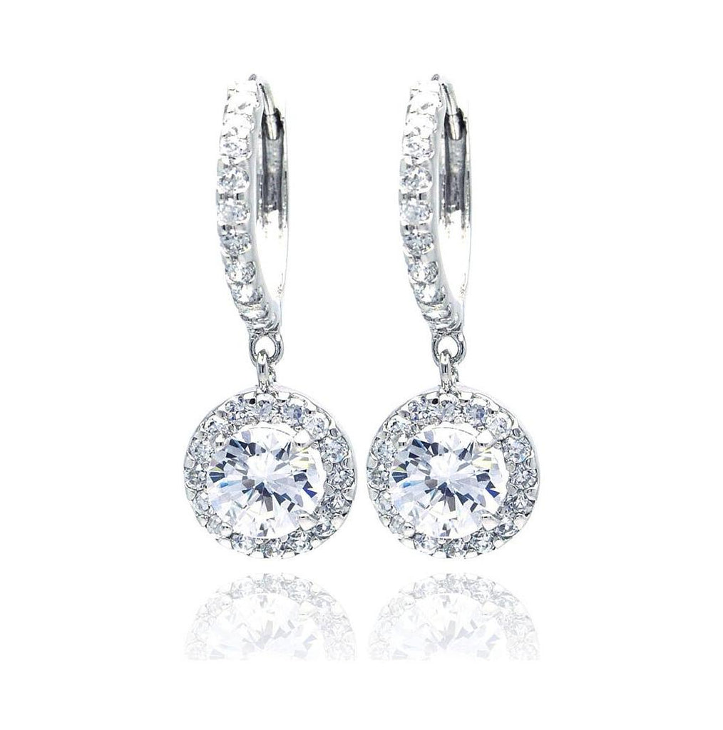 .925 Sterling Silver Rhodium Plated Round Cz Dangling Hoop Earring