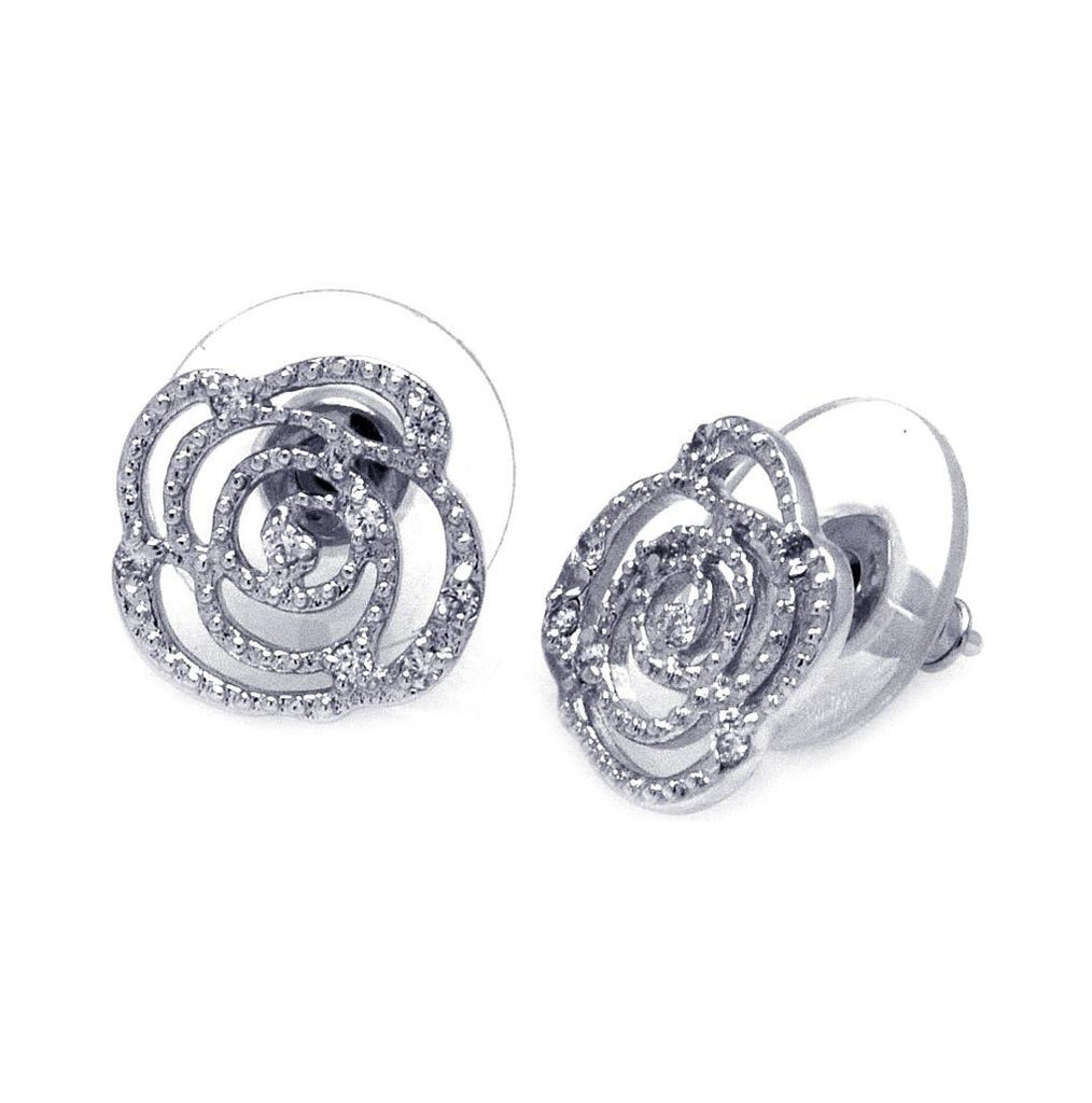 .925 Sterling Silver Rhodioum Plated Open Flower Cz Stud Earring