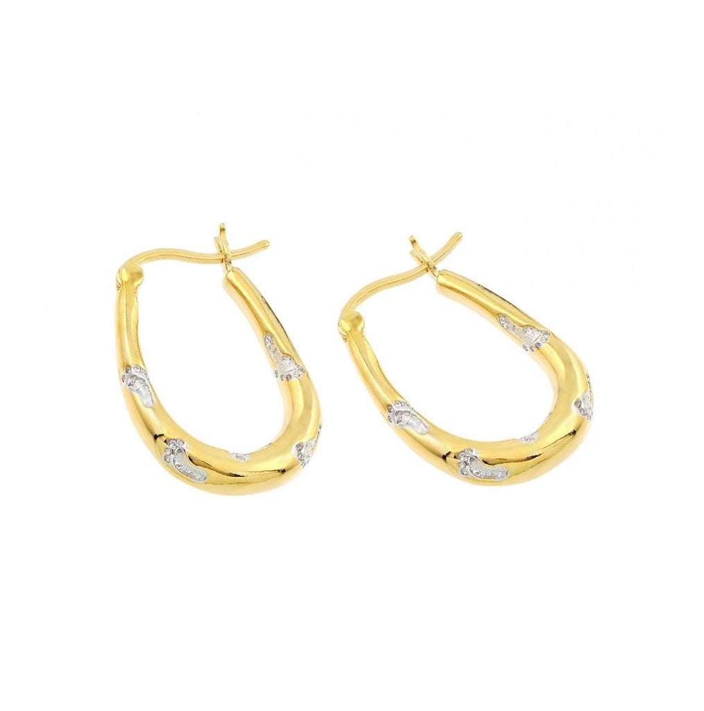 .925 Sterling Silver Gold Plated Foot Print Cz Inlay Hoop Earring