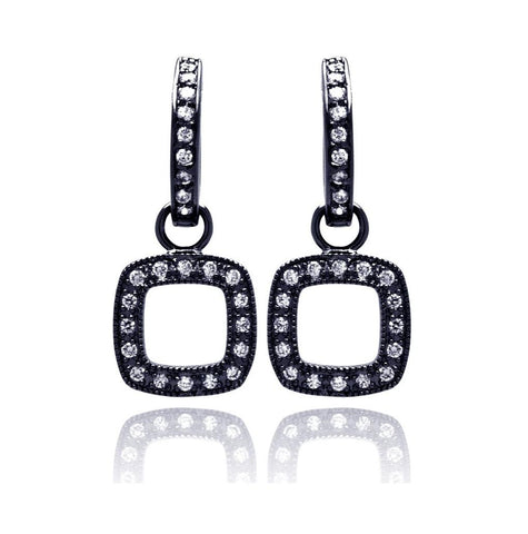 .925 Sterling Silver Black Rhodium Plated Open Square Cz Earring